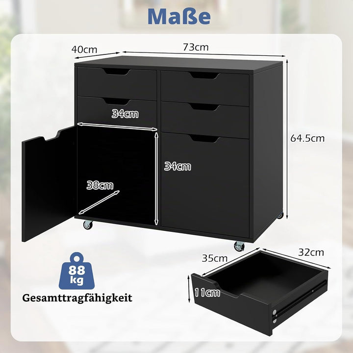 GIANTEX Rollcontainer mit 4 Schubladen &amp; 2 Schränke, Aktenschrank mit Rollen, Schubladenschrank Holz