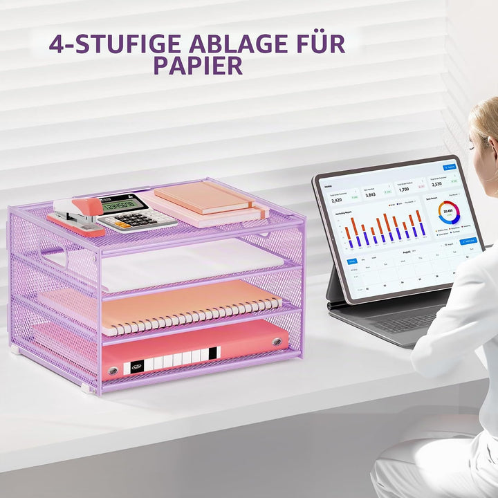 Marbrasse Schreibtisch Organizer,4-Stufiges Metall Netz-Briefablage mit Griff,Zeitungsordner,Papier