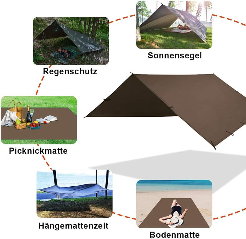 Zeltplane Tarp für Hängematte Regenschutz Sonnensegel für Ourdoor Camping Wasserdicht Anti-UV Brau 3