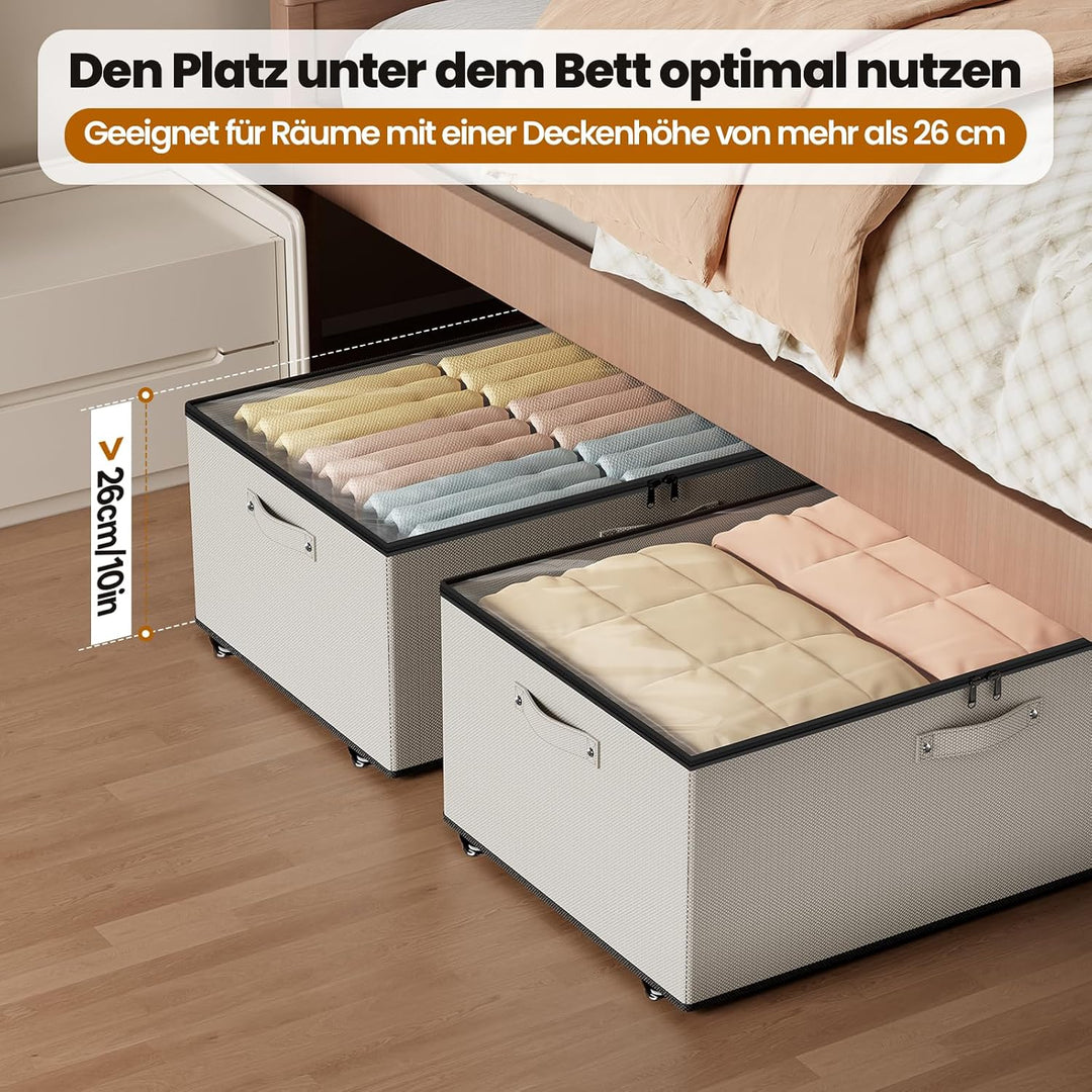 Mavivegue 2er Set Unterbettkommode mit 360° Rollen, Vliesstoff, Grau | 2 Aufbewahrungsboxen. Deckel