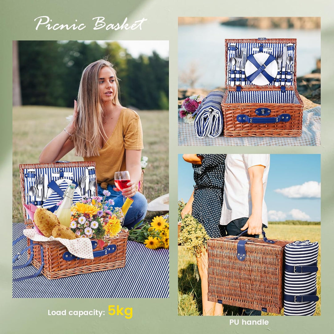 Picknickkorb 4 Personen, Wicker Picknickkorb für 4 Personen mit Wasserdichter Picknickdecke und Best