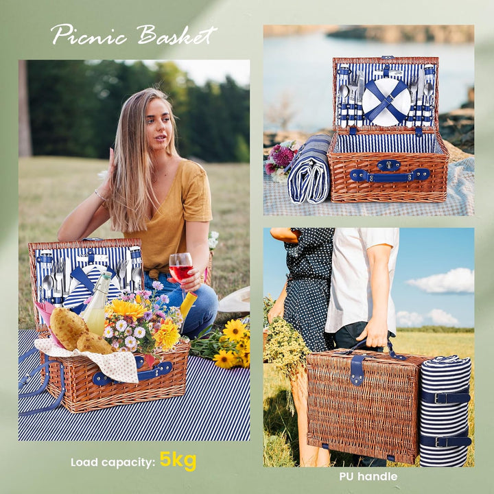 Picknickkorb 4 Personen, Wicker Picknickkorb für 4 Personen mit Wasserdichter Picknickdecke und Best