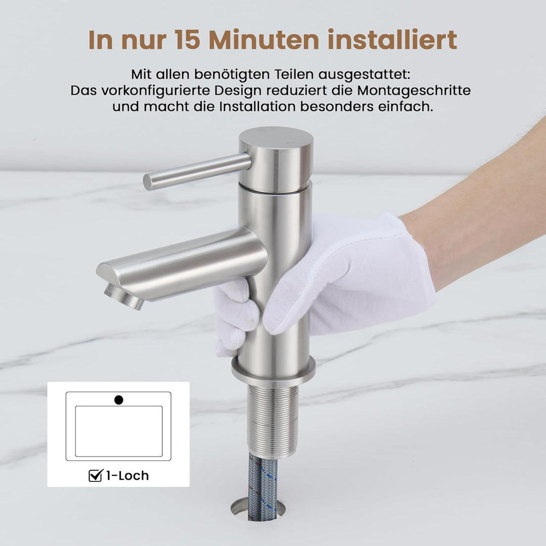 KPW Waschtischarmatur Edelstahl Gebürstet, Bad Wasserhahn mit 79mm Auslaufhöhe, Einhand-Mischbatteri