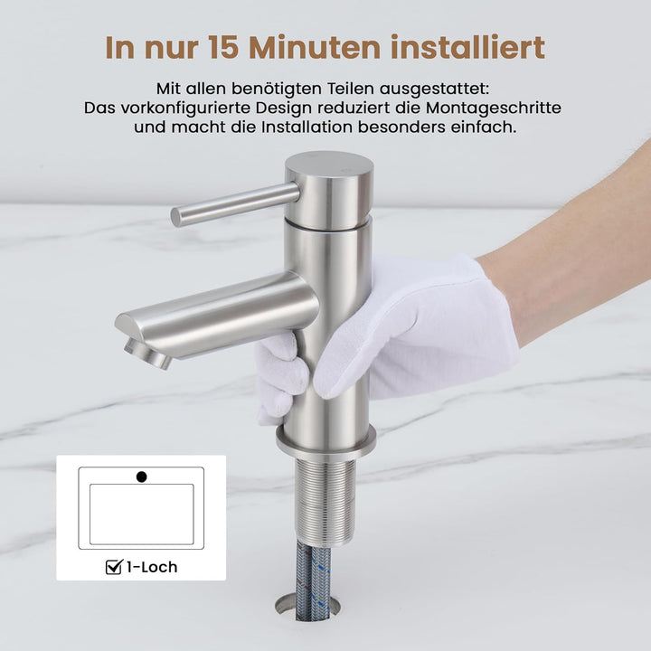 KPW Waschtischarmatur Edelstahl Gebürstet, Bad Wasserhahn mit 79mm Auslaufhöhe, Einhand-Mischbatteri