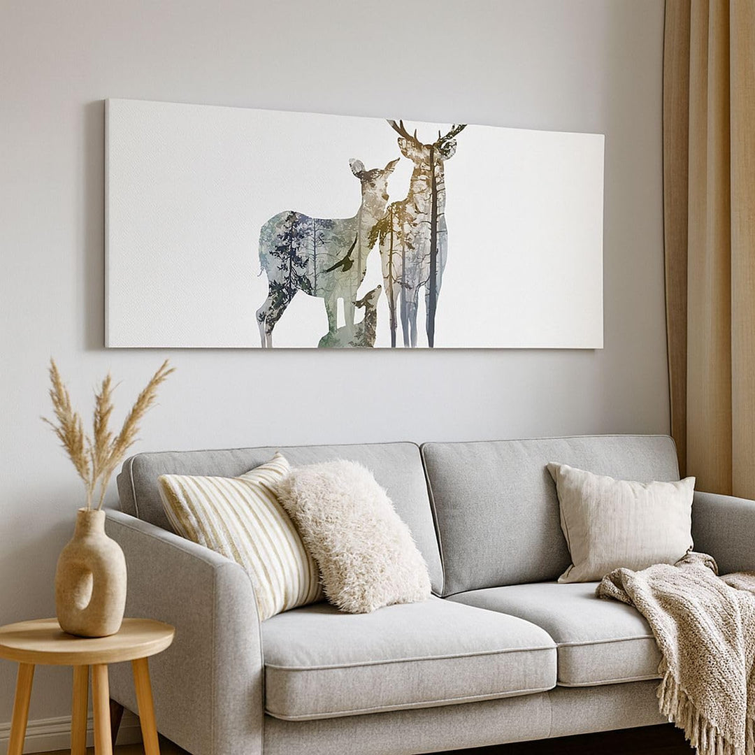 Wandbilder Dekoration Wohnzimmer Deer Familie Wildheit Illustration Bilder auf Leinwand 120x50cm Lei