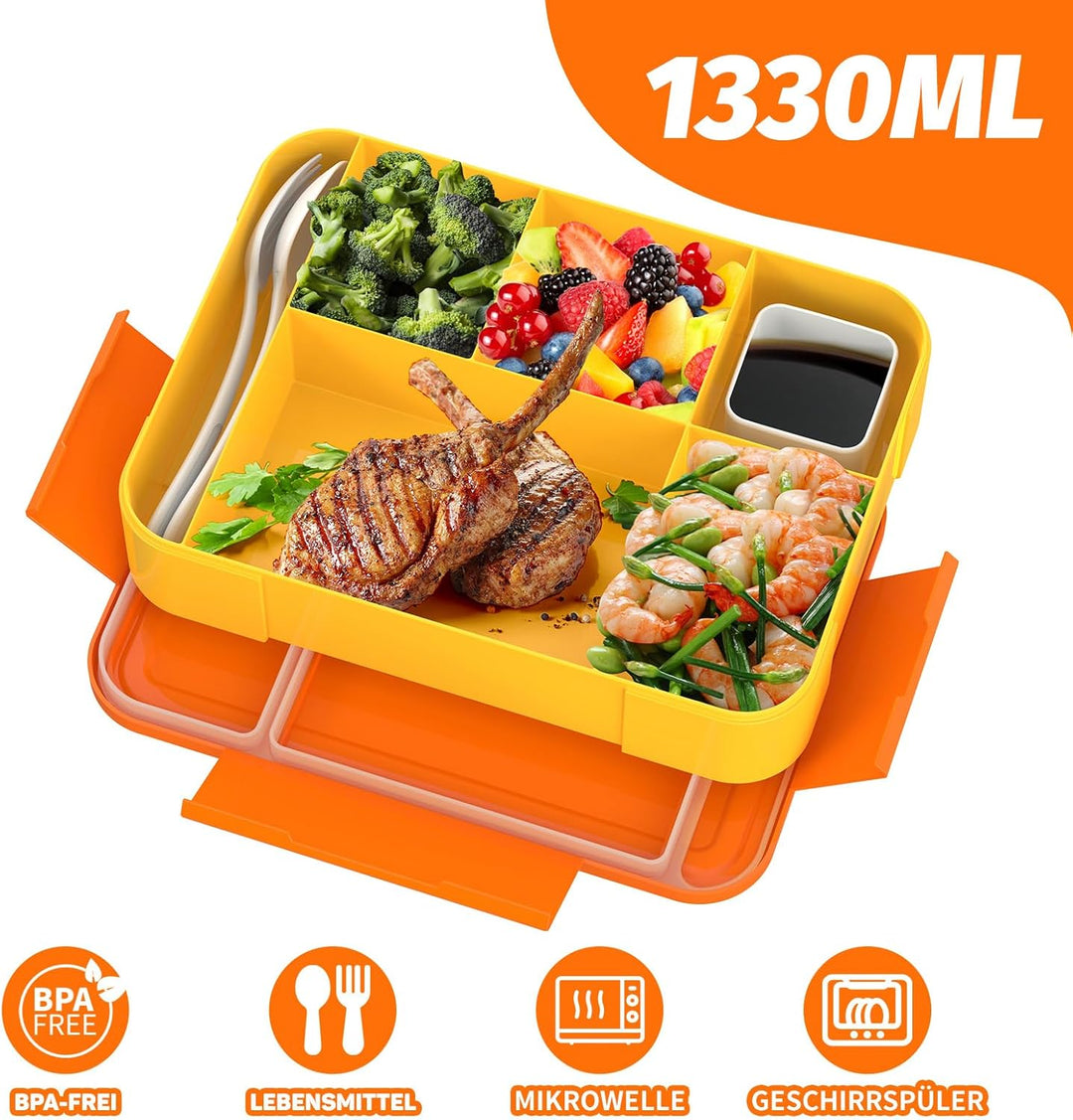 Brotdose Kinder mit Fächern - 1330 ml Fassungsvermögen, auslaufsichere Bento-Box für Kinder, mit 5 F