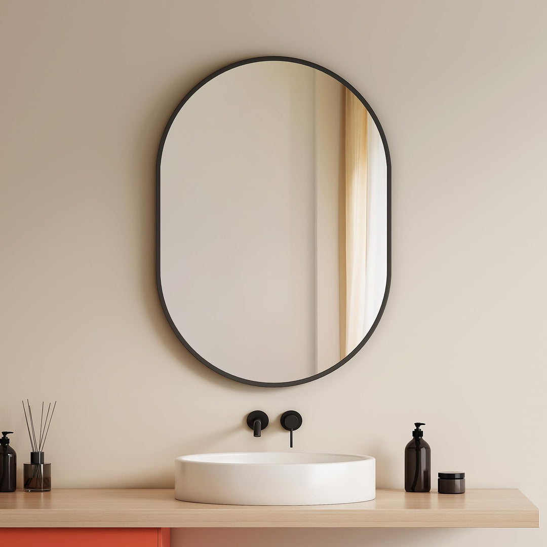 EMKE Badspiegel Oval Schwarz 50 x 70 cm Ovaler Wandspiegel mit Schwarzer Rahmen Spiegel Horizontal/V