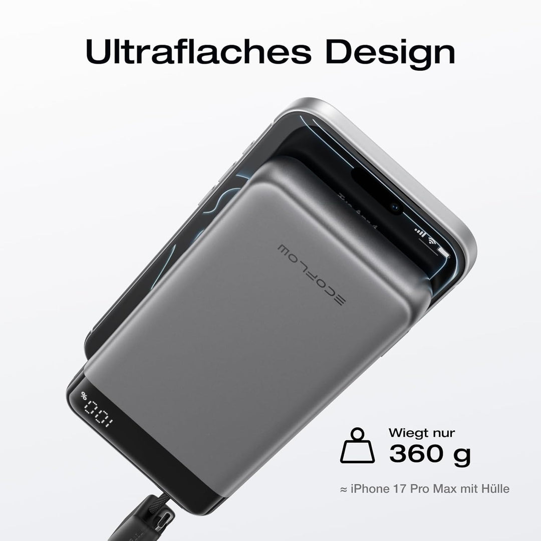 EcoFlow Rapid Powerbank 20000mAh, 45W PPS Schnellladen, mit integriertem ausziehbarem USB-C Kabel fü