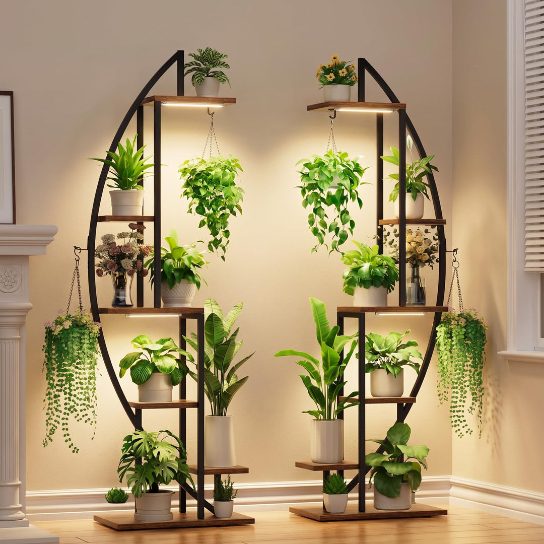 BACEKOLL 6 Ebenen Blumenständer mit Wachstumslichtern - Metall Holz Pflanzenregal - 160CM Innen Blum