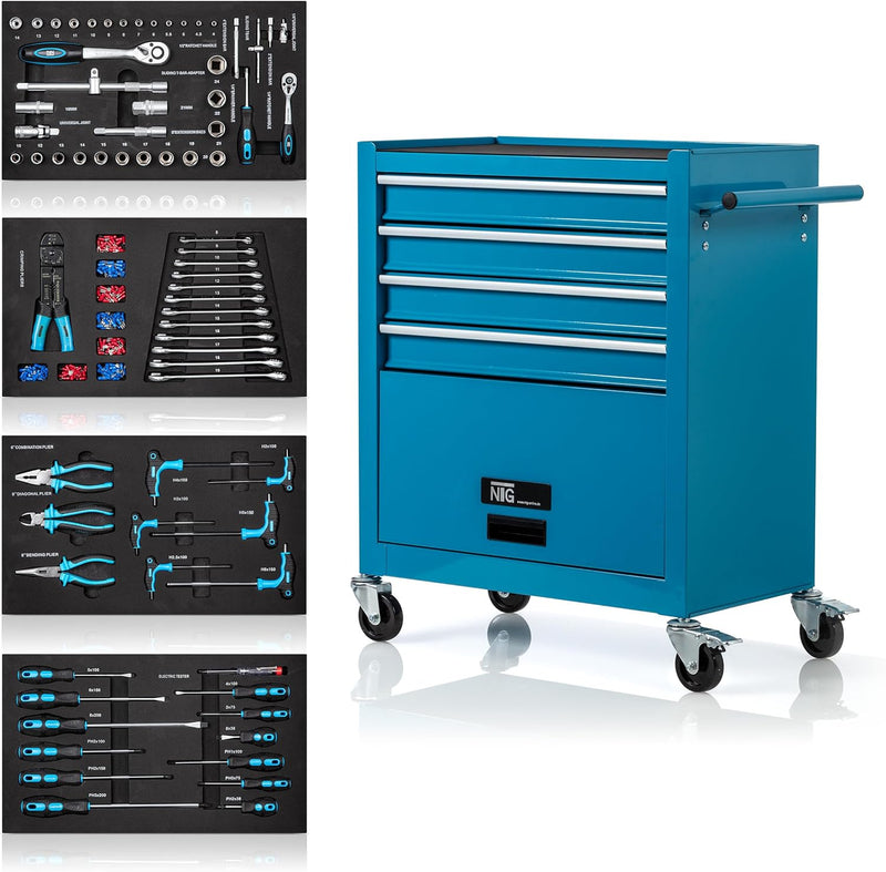 NTG PERFEKTE WERKSTATTORGANISATION Werkstattwagen Werkzeugwagen | Inkl. Werkzeug 70 TLG. | 4 Kugelge