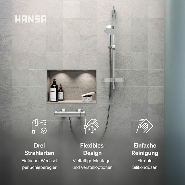 HANSA BASICJET Duschgarnitur | Duschkopf mit Schlauch und Duschstange I Duschbrause mit 3 Strahlarte