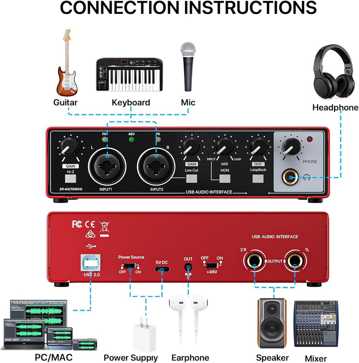 EBXYA USB-Audio-Interface 24-Bit/192 kHz 2i2 USB-Soundkarten-Interface mit MIC/XLR/Line-Eingängen, H