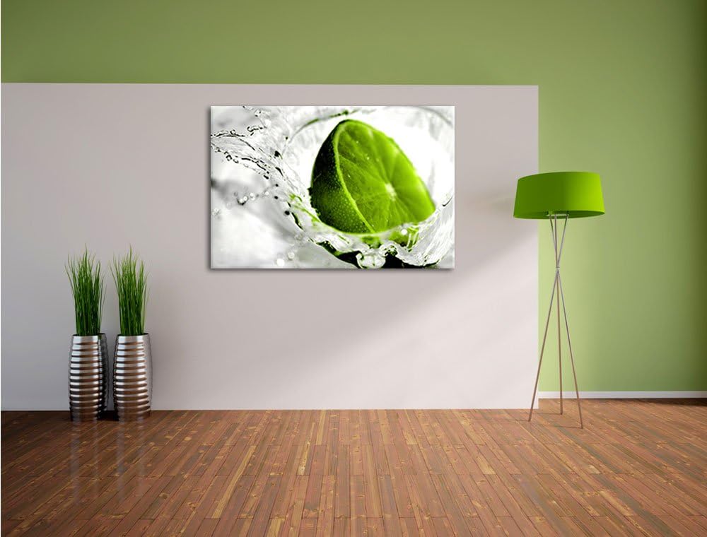 Limette fällt in Wasser Format: 100x70 auf Leinwand, XXL riesige Bilder fertig gerahmt mit Keilrahme