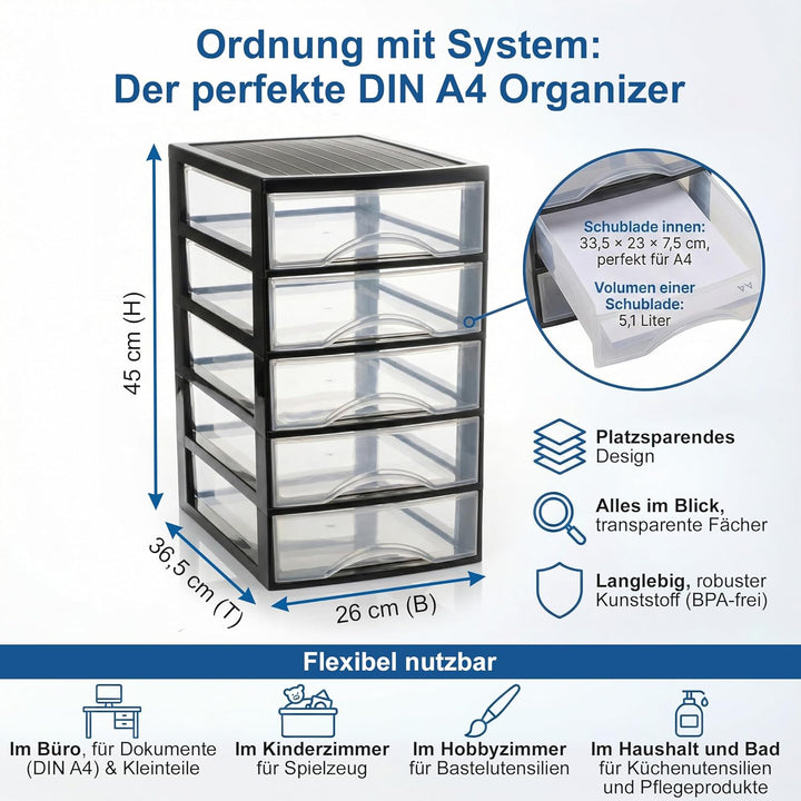 Hausfelder Schubladenbox A4 mit 5 Schubladen, Transparente Kunststoff Schubladenbox für Schreibtisch