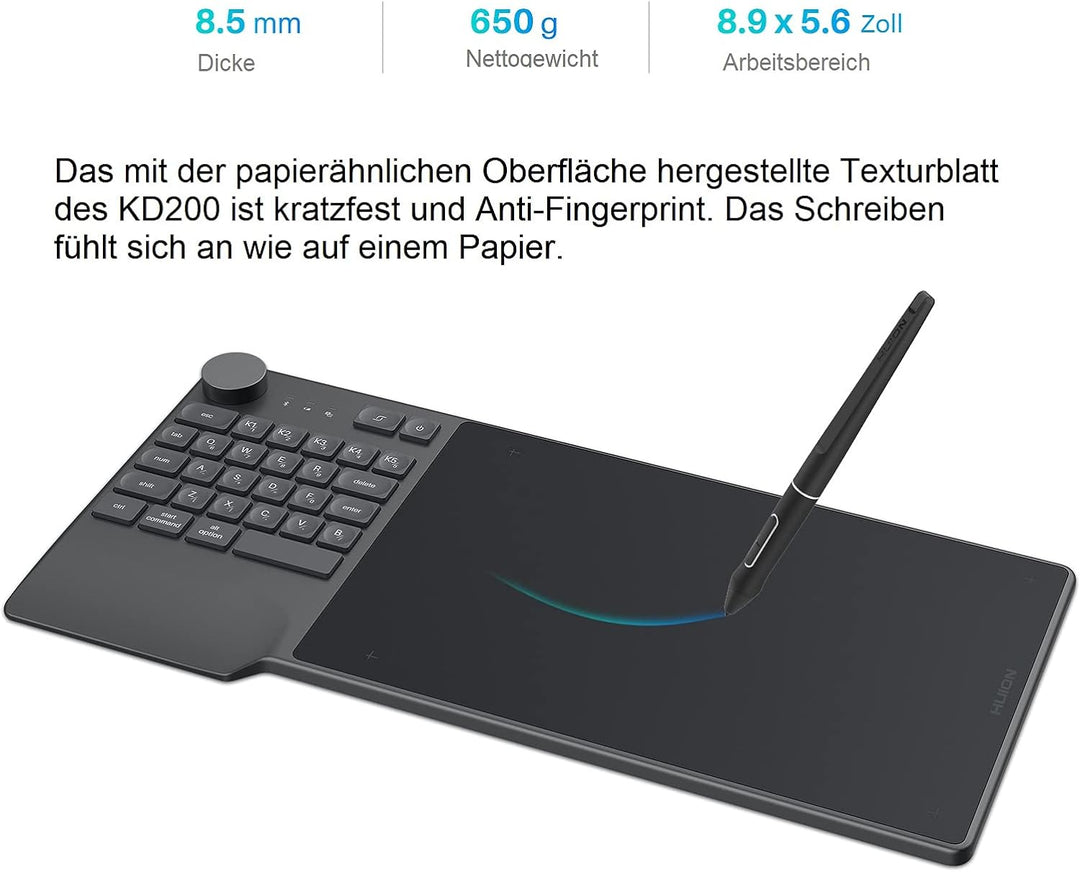 HUION Grafiktablett Inspiroy Keydial KD200 Bluetooth 5.0 8,9 x 5,6 Zoll Stifttablett kombiniert mit