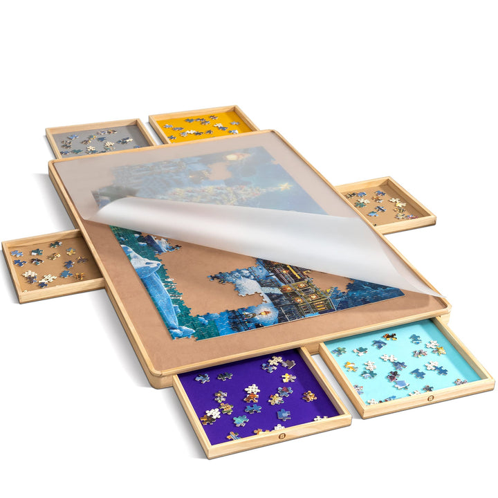 Becko US Puzzle Board with Cover & 6 Press Open/Close Drawers, Wooden Jigsaw Puzzle Table with Color