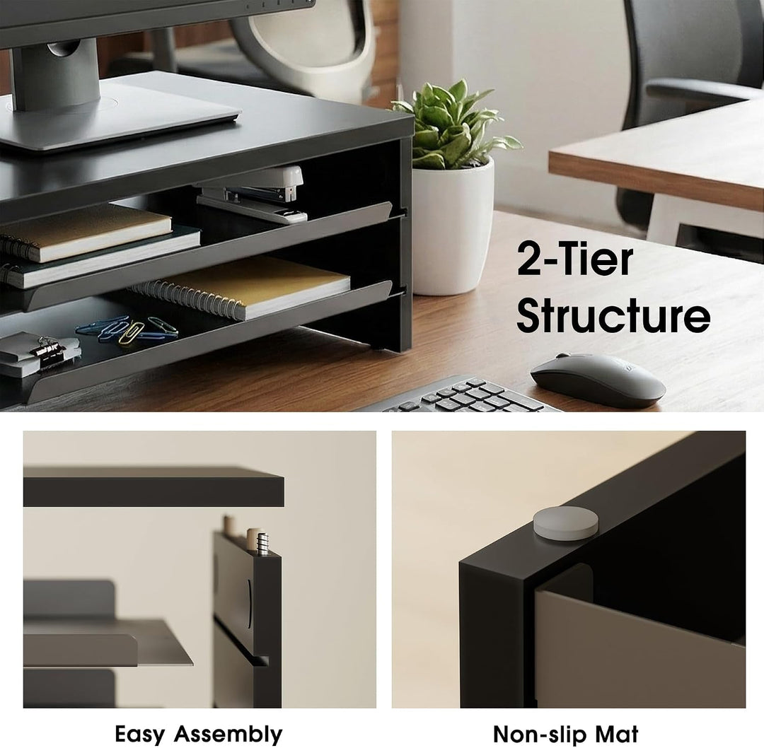 Fenge Monitorständer, Monitorerhöhung mit Ablage, Holz und Metall, Schreibtisch-Organizer für Zuhaus