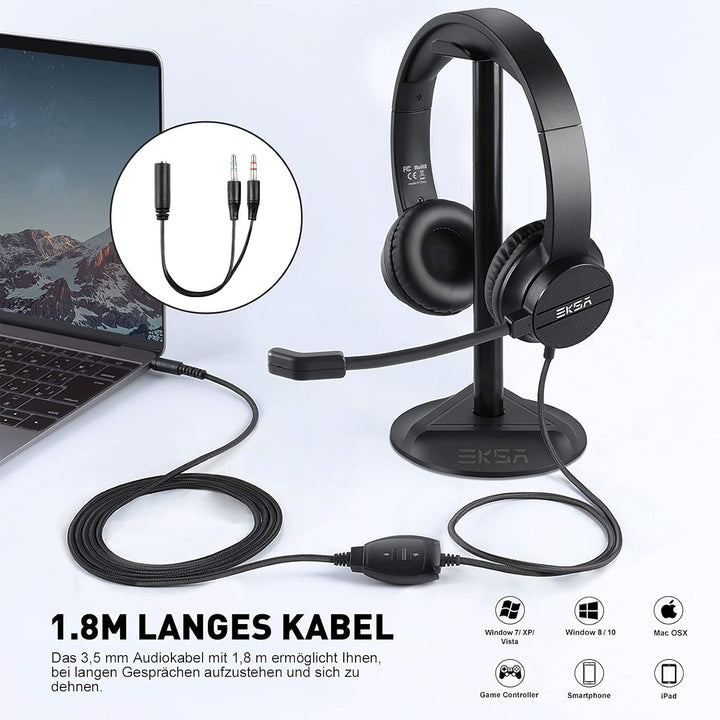 EKSA H12 PC Headset mit Mikrofon, 3,5 mm Business Headset mit Stummschalter & Lautstärkeregler, Klar
