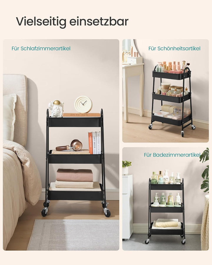 SONGMICS Rollwagen mit 3 Ebenen, Servierwagen aus Metall, Küchenwagen, Küchenregal mit Griffen, 2 Br