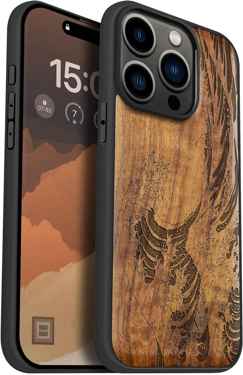 Carveit Handyhülle für iPhone 15 Pro Cover Kompatibel mit Magsafe [Holz und TPU Silikon Hybrid hülle