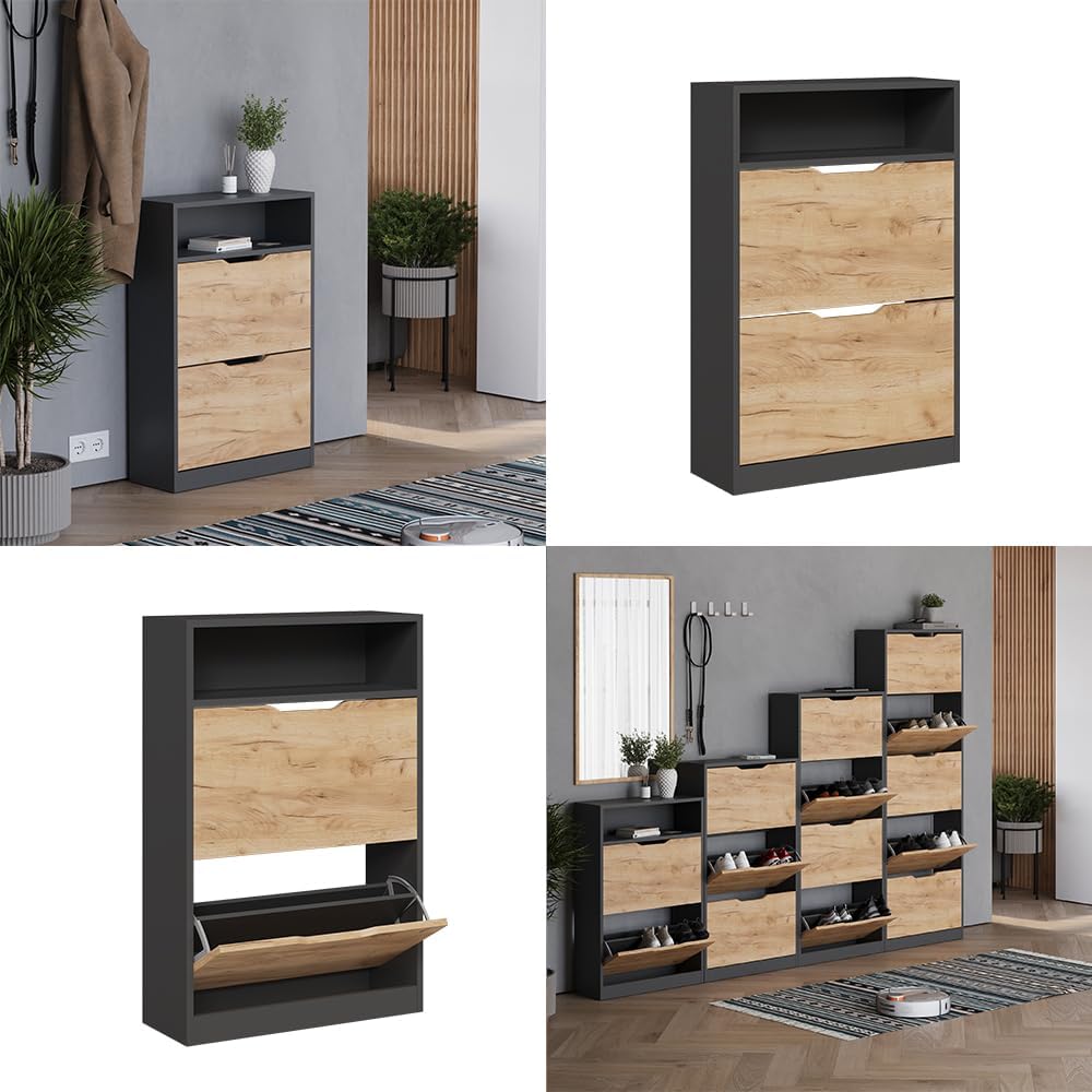 Vicco Schuhkipper Luca, Anthrazit/Goldkraft Eiche, 22 x 89.5 cm mit 2 Fächern Anthrazit/Goldkraft Ei
