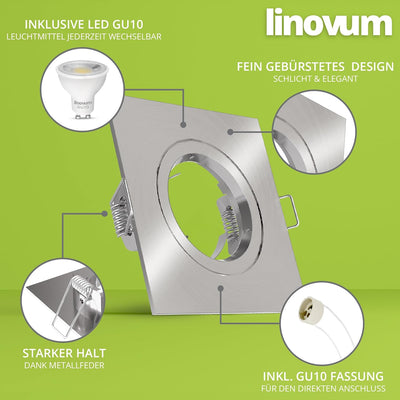 linovum 10 Stück Design LED Einbaustrahler Set eckig Edelstahl Optik gebürstet für 230V mit 2W GU10