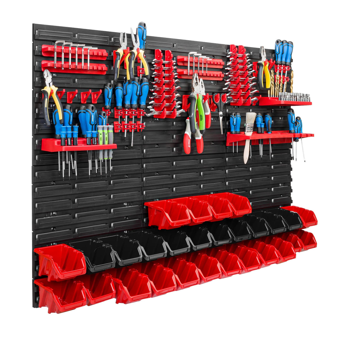 Lagersystem Werkstattregal | 117 x 78 cm | 28 stck. Box | Wandregal mit Werkzeughalterungen und Stap