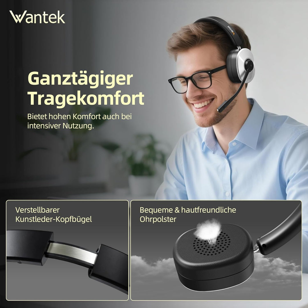 Wantek Kabelloses Headset mit Mikrofon, Bluetooth Headset mit Ladestation, Wireless Kabelloses Headp