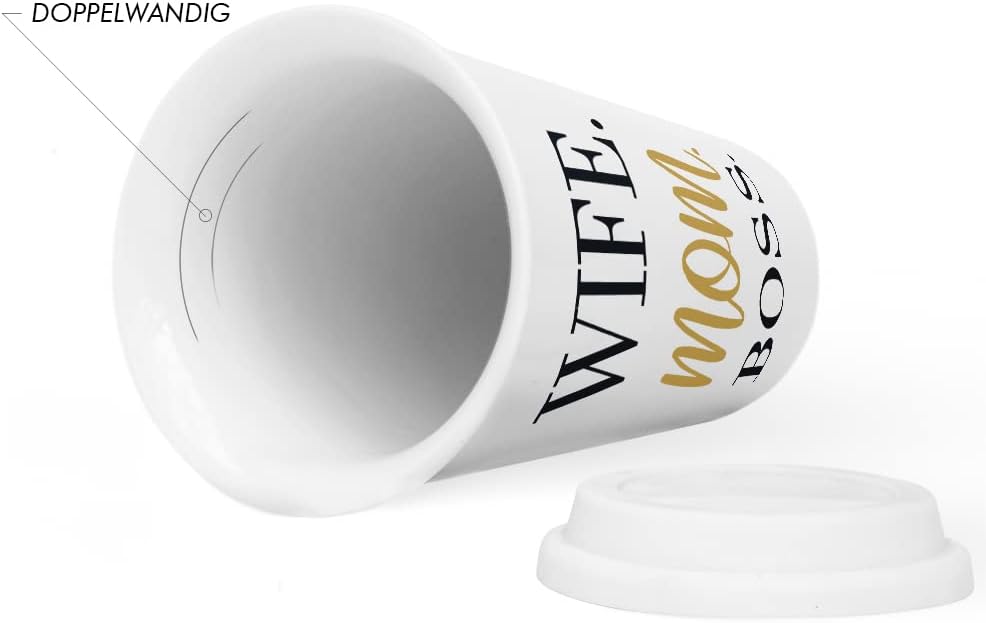 JUNIWORDS To-Go Becher mit Deckel, Wife. Mom. Boss