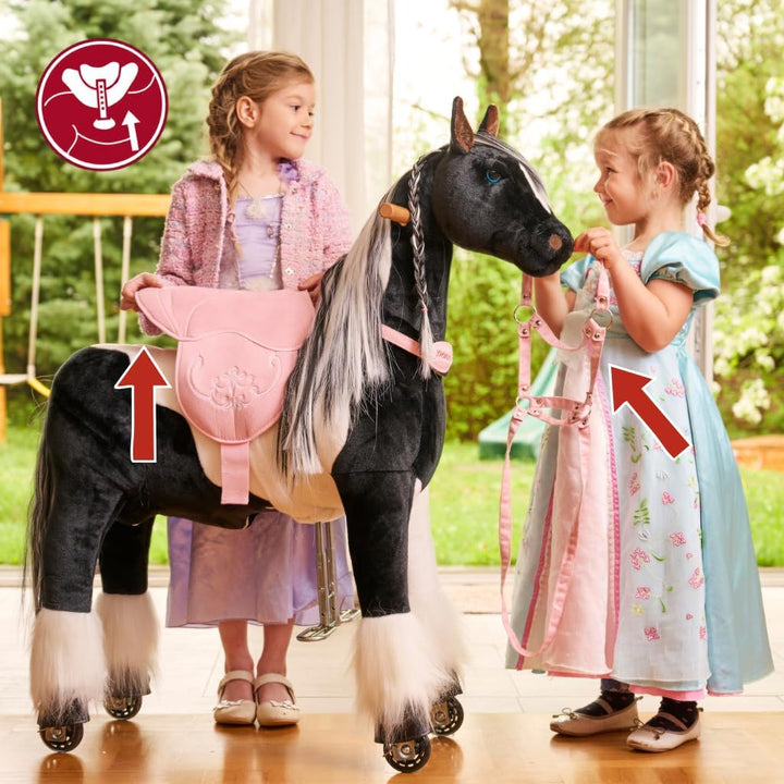 PONNIE Reitpferd mit Rollen Domino M (5-12 Jahre), Spielpferd zum Reiten mit Abnehmbarer Rosa Sattel