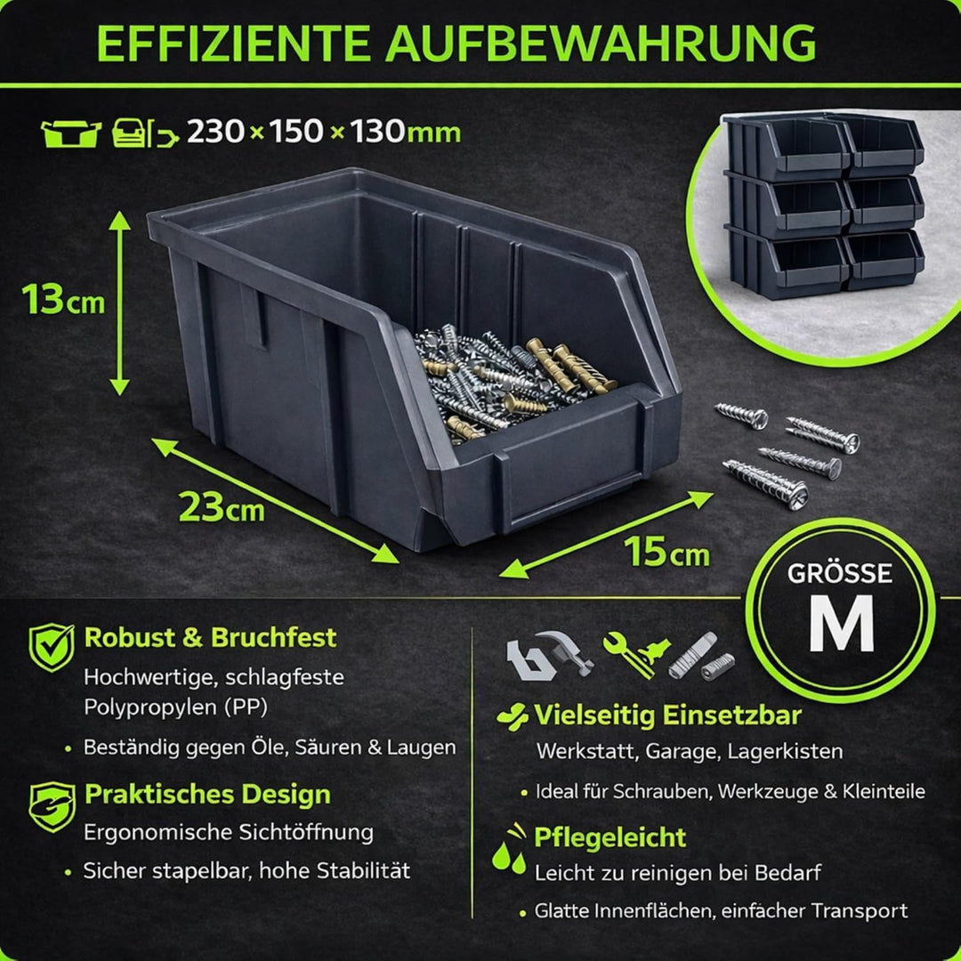 Rodopi 26er Set Stapelboxen, Grösse M | Sichtlagerkästen 230x150x130mm | Robuste Lagerboxen für Werk