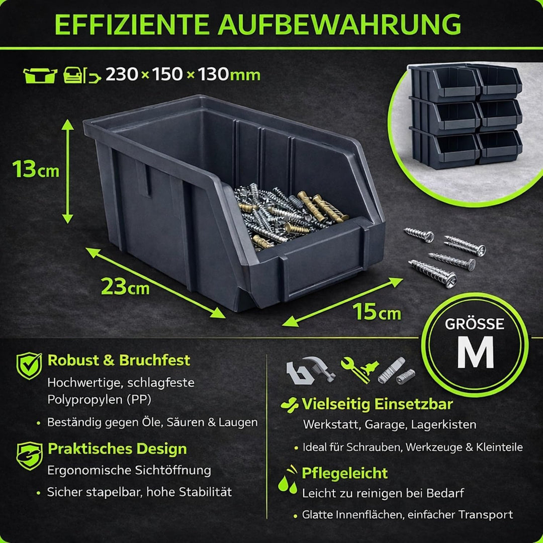 Rodopi 26er Set Stapelboxen, Grösse M | Sichtlagerkästen 230x150x130mm | Robuste Lagerboxen für Werk