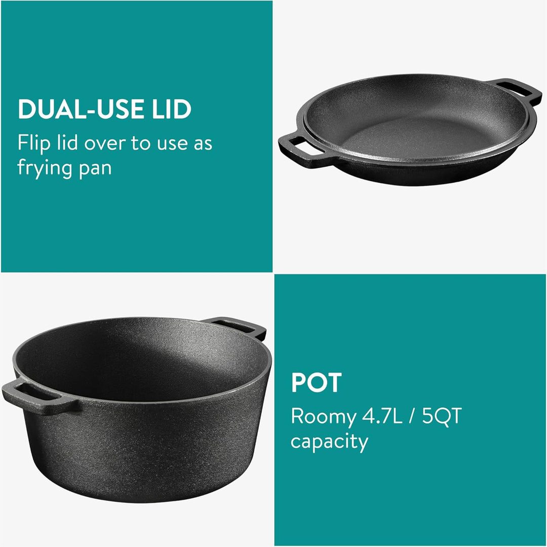 Navaris Gusseisen Topf Bratentopf Pfannendeckel - 4,7l - 2in1 Dutch Oven Pfanne temperaturbeständig