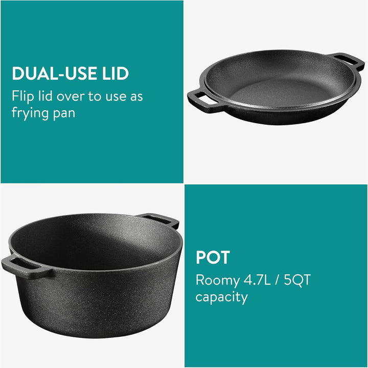 Navaris Gusseisen Topf Bratentopf Pfannendeckel - 4,7l - 2in1 Dutch Oven Pfanne temperaturbeständig