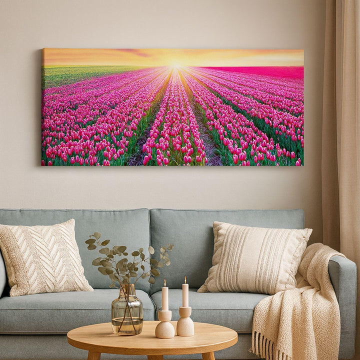 Wandbilder Dekoration Wohnzimmer Wiese Tulpen Sonnenuntergang Frühling Bilder auf Leinwand 120x50cm