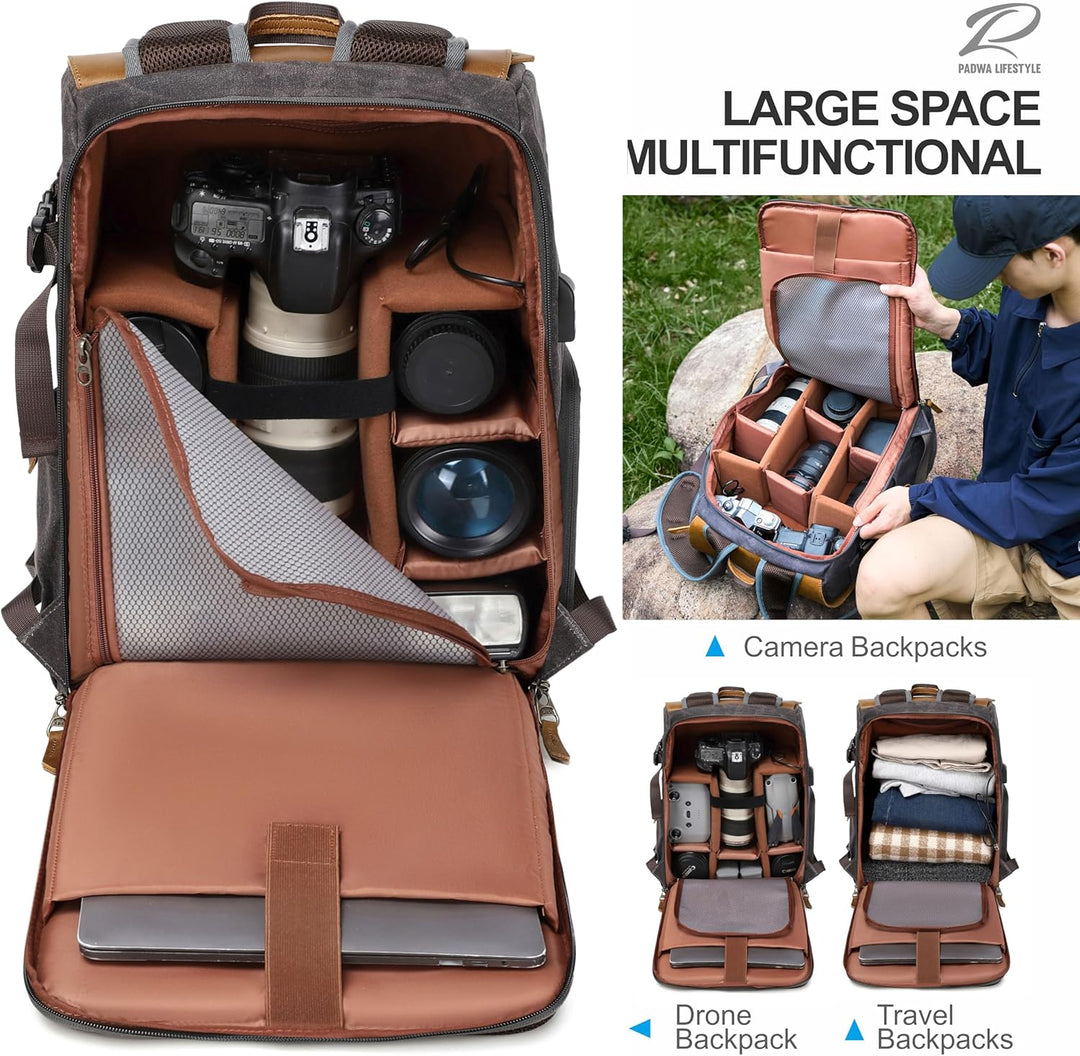 Padwa Lifestyle Schwarzer Grauer Kamerarucksack - Wetterfeste Kameratasche aus Gewachstem Memory Can