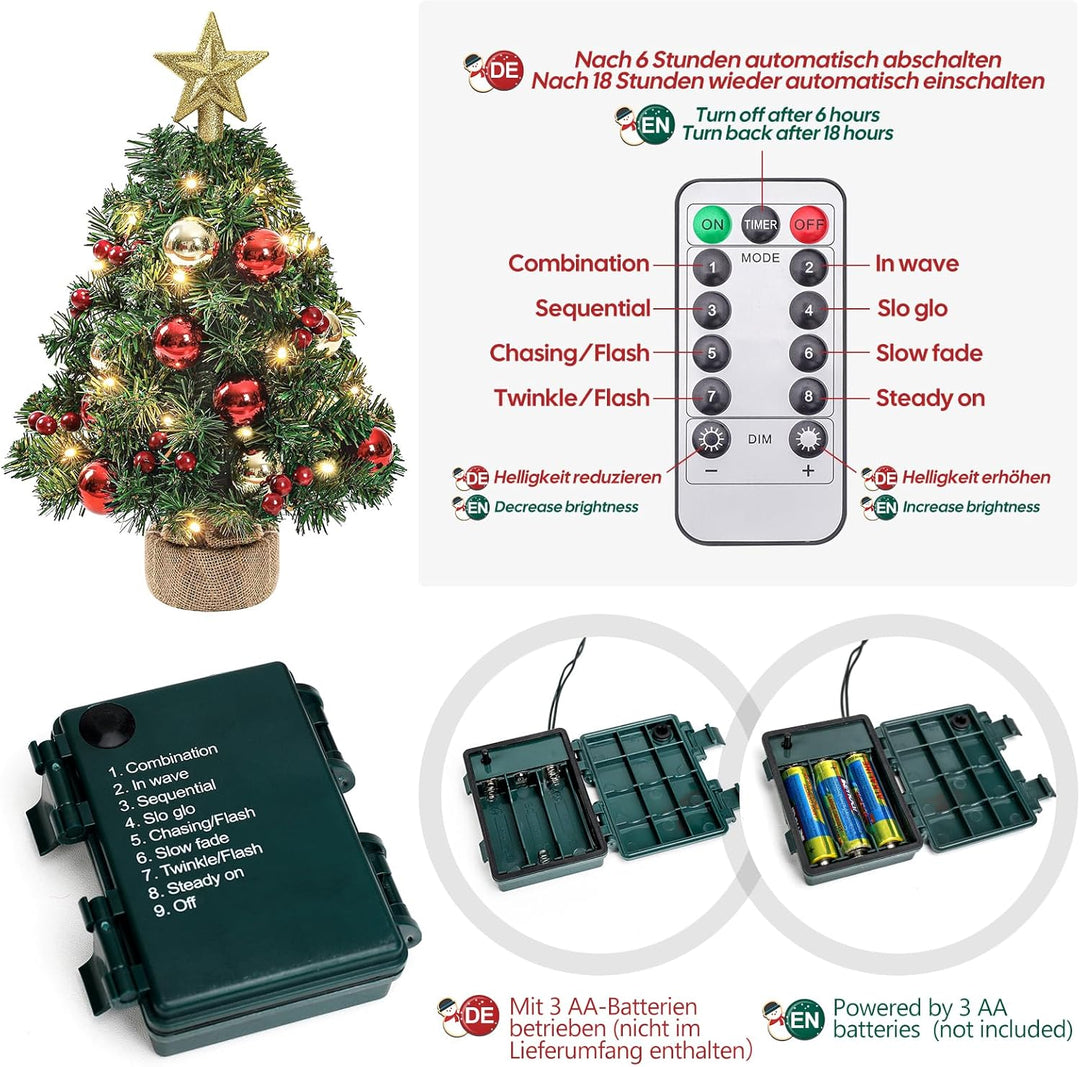 Yorbay Mini Weihnachtsbaum mit 20 warmweiss LEDs 8 Licht Modi, Tannenbaum mit Stern-Baumspitze und D
