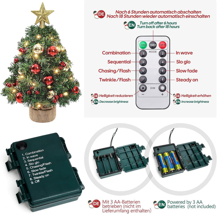 Yorbay Mini Weihnachtsbaum mit 20 warmweiss LEDs 8 Licht Modi, Tannenbaum mit Stern-Baumspitze und D
