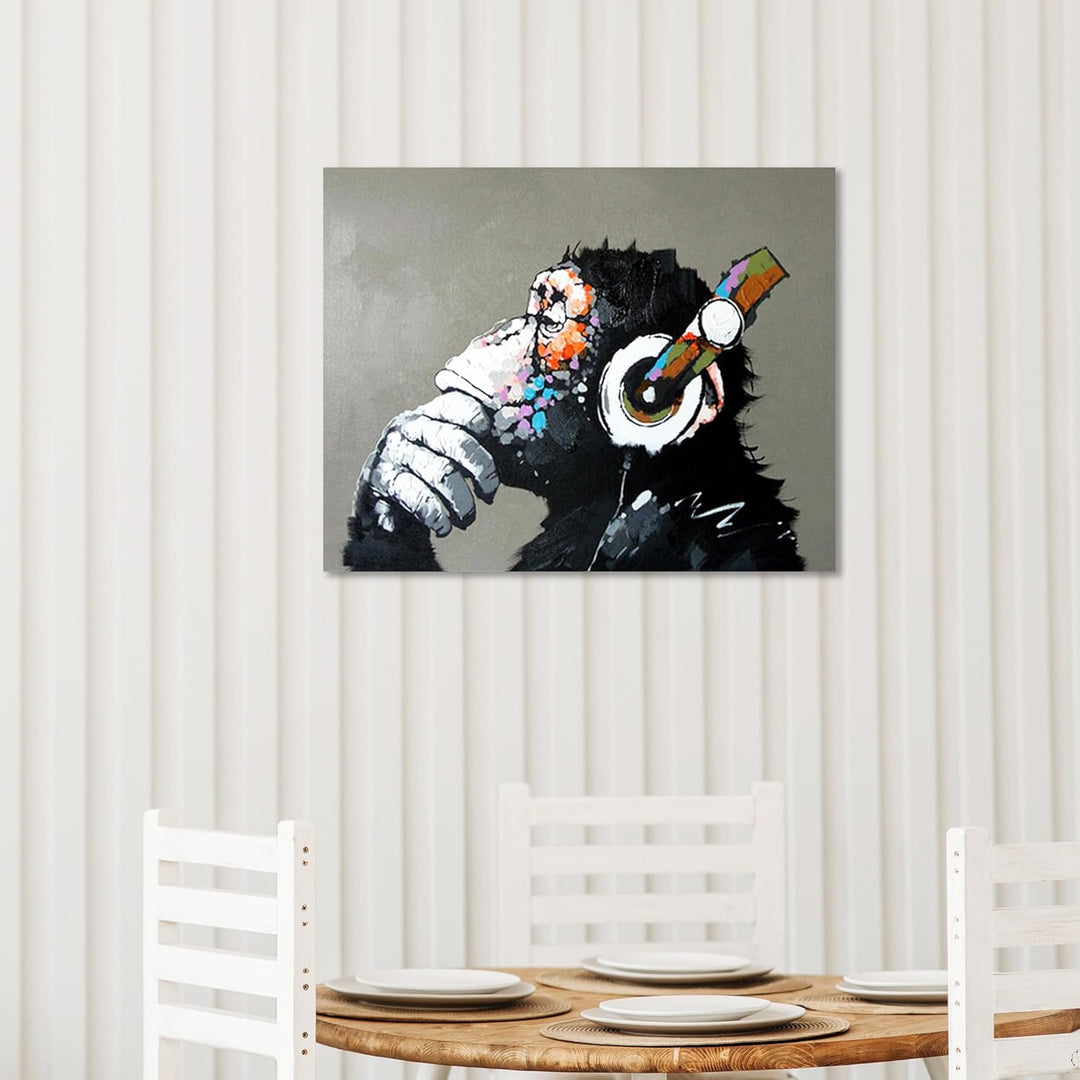 Fokenzary Handgemaltes Ölgemälde auf Leinwand Pop Art Putziger Schimpanse hört Musik mit Kopfhörer m