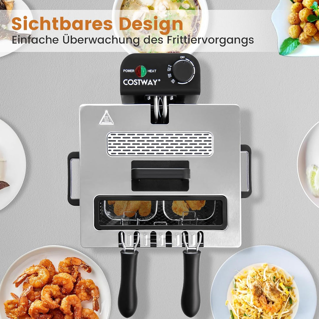 COSTWAY 2000W Elektrische Öl-Fritteuse, 5L Fritteuse Edelstahl mit 3 Frittierkörben, einstellbare Te