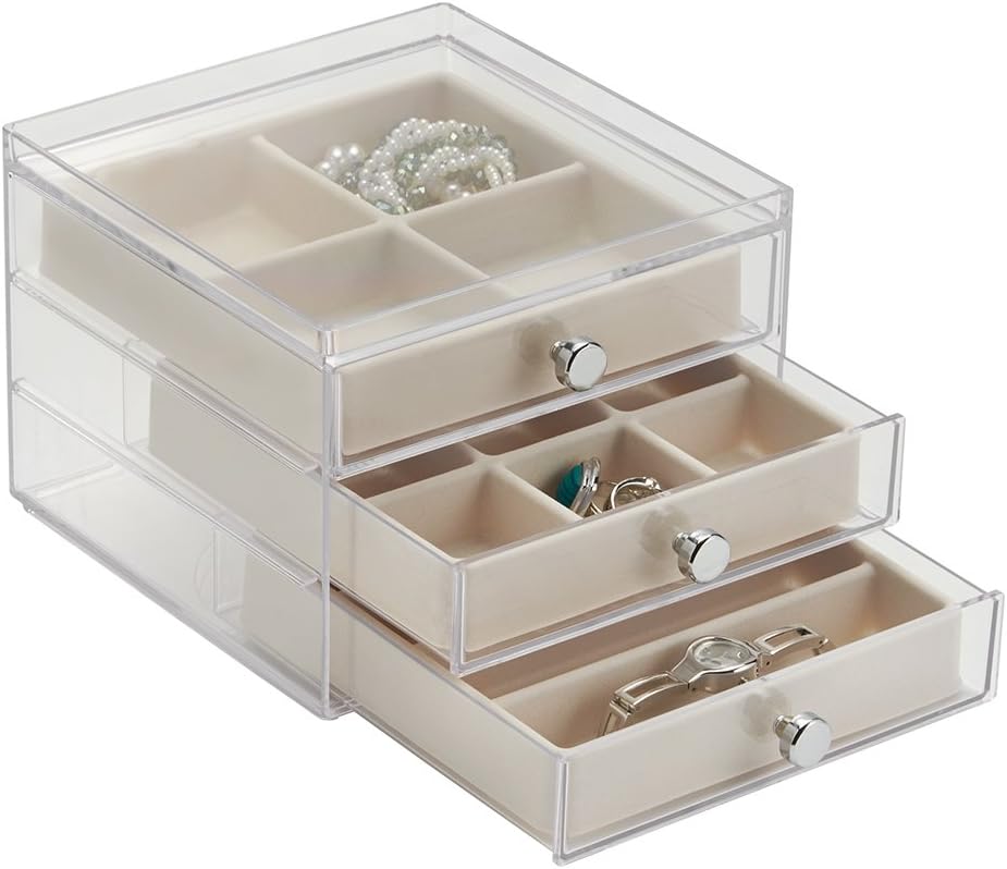 iDesign Clarity Schmuckkästchen mit 3 Schubladen und Einsätzen, Kunststoff, durchsichtig, 16,5 x 17,
