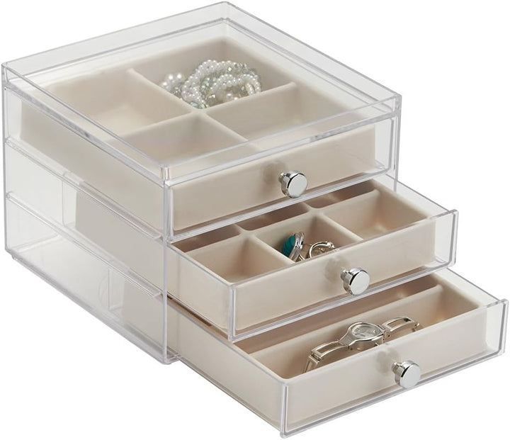 iDesign Clarity Schmuckkästchen mit 3 Schubladen und Einsätzen, Kunststoff, durchsichtig, 16,5 x 17,