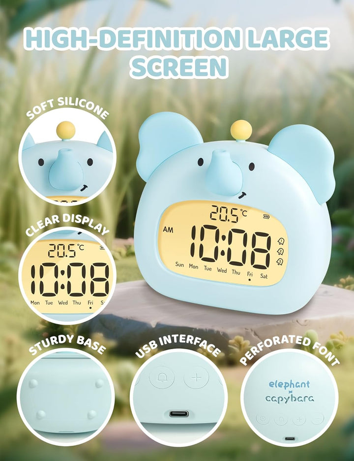 IHALO Elefanten Deko Kinderwecker, Nachttischwecker mit Nachtlicht, Digitales LED-Display, 3,15 Zoll