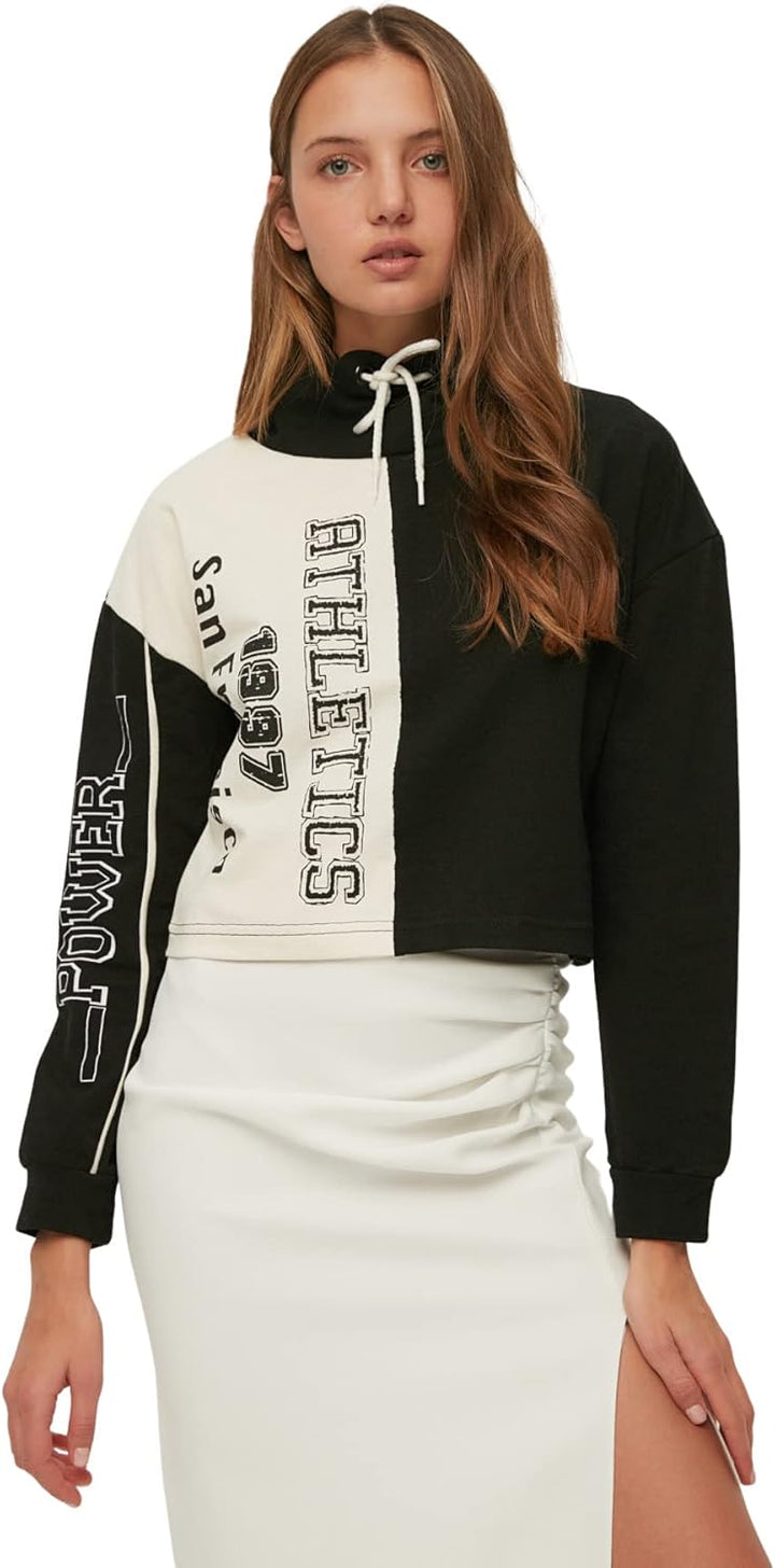 TRENDYOL Damen Schwarzer Steile Kragen Gedruckt Grundlegend Dünn Gestricktes Sweatshirt, S