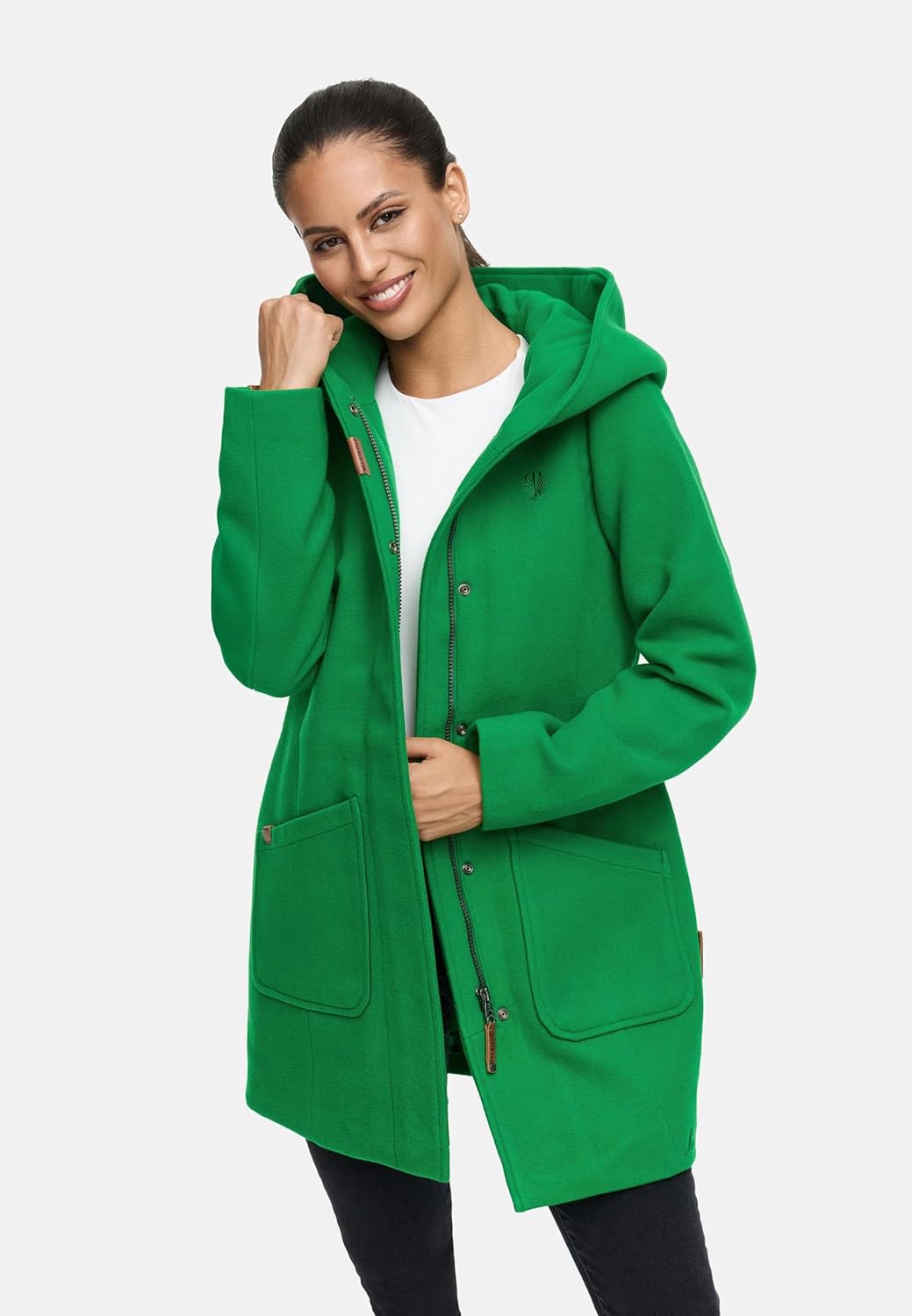 MARIKOO Damen Mantel in Wollmantel-Optik Warmer Trenchcoat mit Kapuze Maikoo XS-5XL S Smaragd Green,