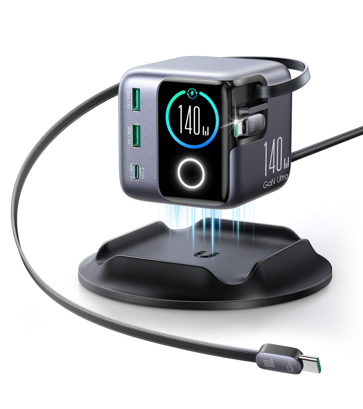 JOYROOM PODIX 140W 5‑in‑1 GaN Ultra Ladelstation, USB‑C Schnellladegerät mit 2 retraktablen 100W Kab