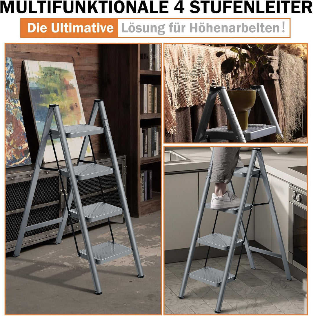 XinSunho Leiter 4 Stufen, Klappbar Trittleiter, Haushaltsleiter, rutschfeste Stehleiter, Tragbare Kl