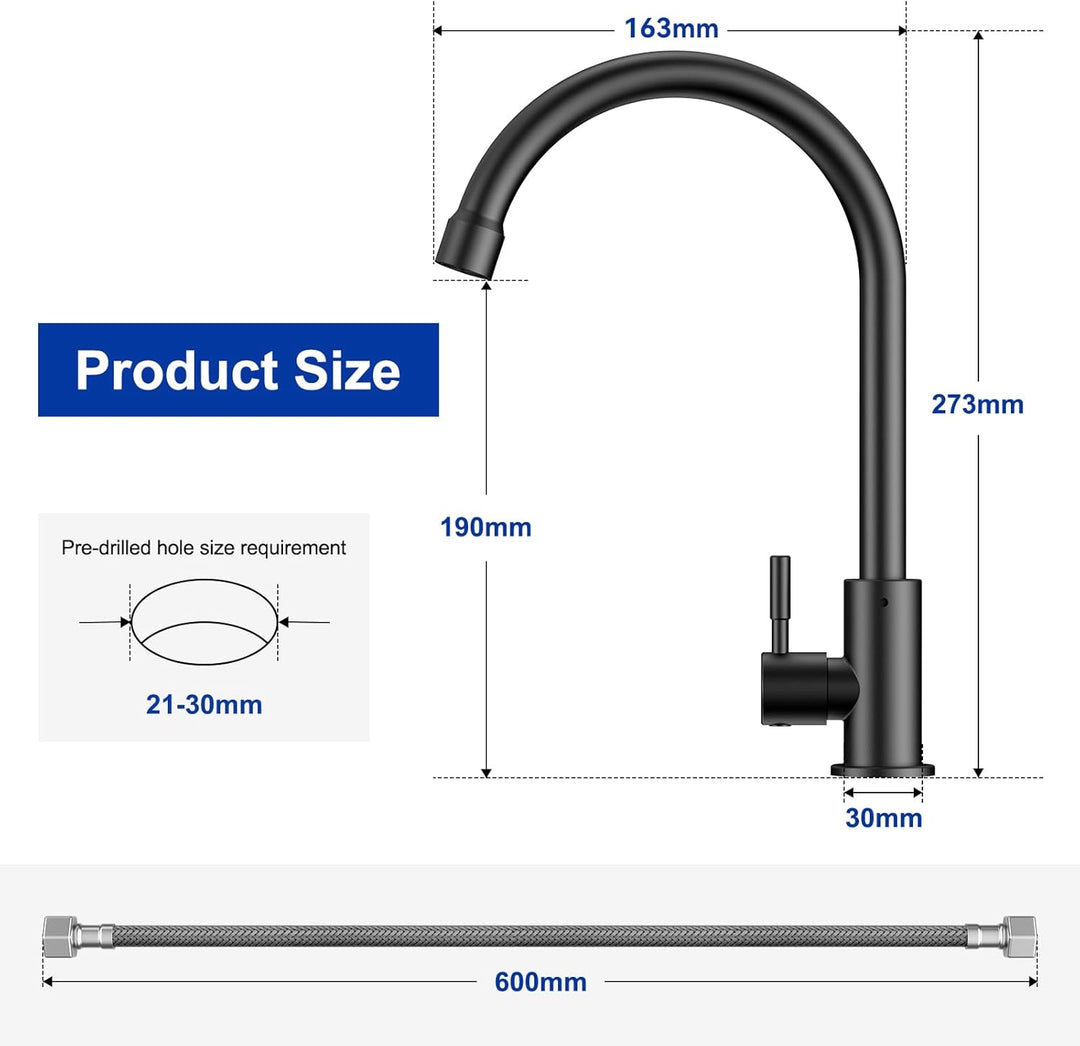 CECIPA Kaltwasserhahn Schwarz, Wasserhahn nur für Kaltwasser mit Edelstahl-Muttern 304, Wasserhahn K