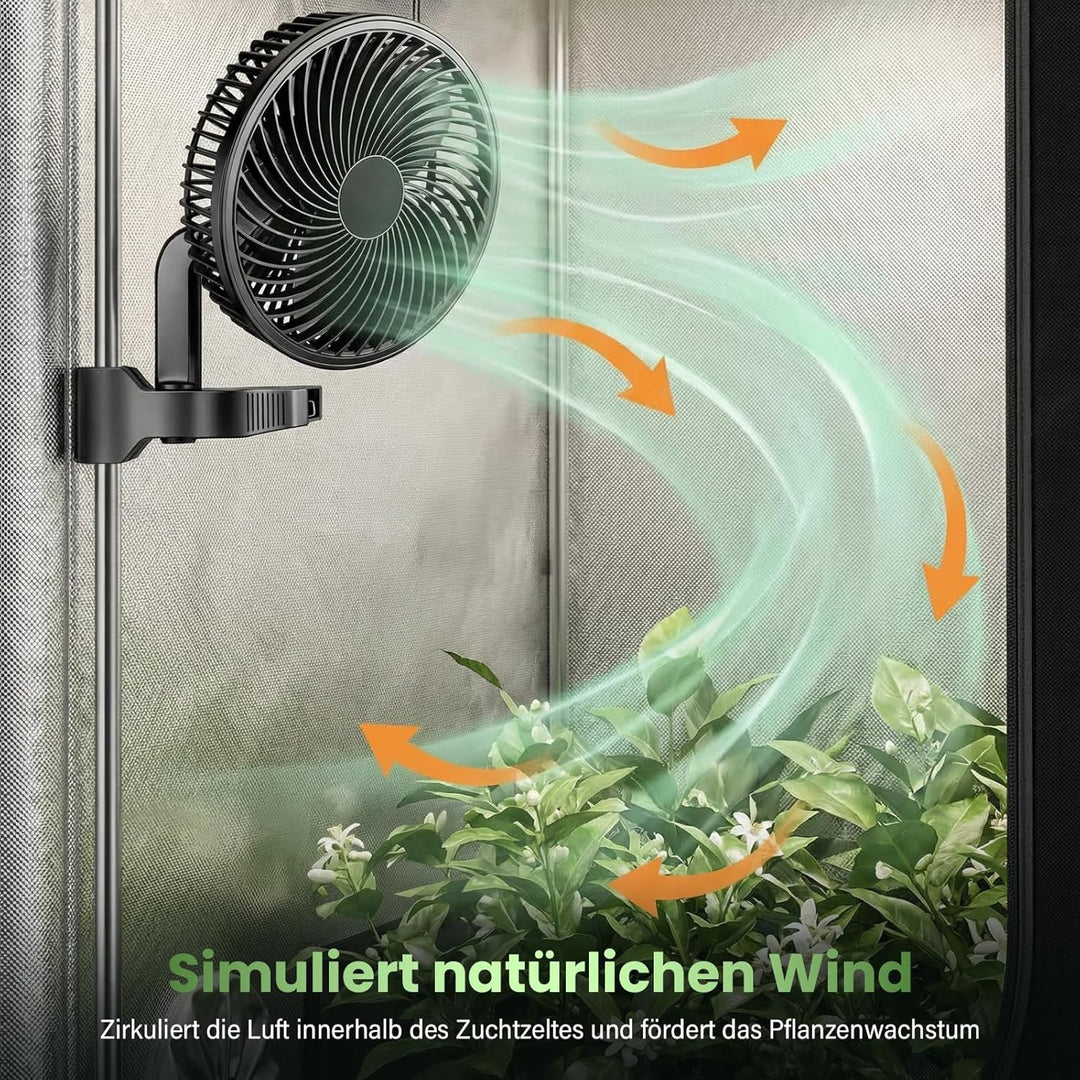 Grow Ventilator Oszillierend mit Clip, 325 CFM Umluftventilator Leise 28dBA,10 Stufen EC-Motor 9W Ve