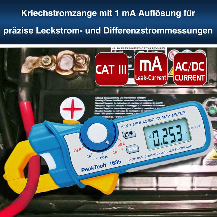 PeakTech P 1635 Stromzange, Kriechstromzange und Leckstromzange, mit 1 mA Auflösung und NCV, 1 Stück